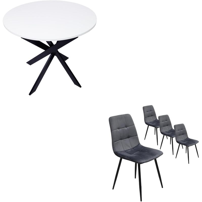 foto del prodotto set mobili, pack di 4 sedie da pranzo, sedia imbottita, sedia, tavolo fisso rotondo zen, bianco, gambe nere skraut home