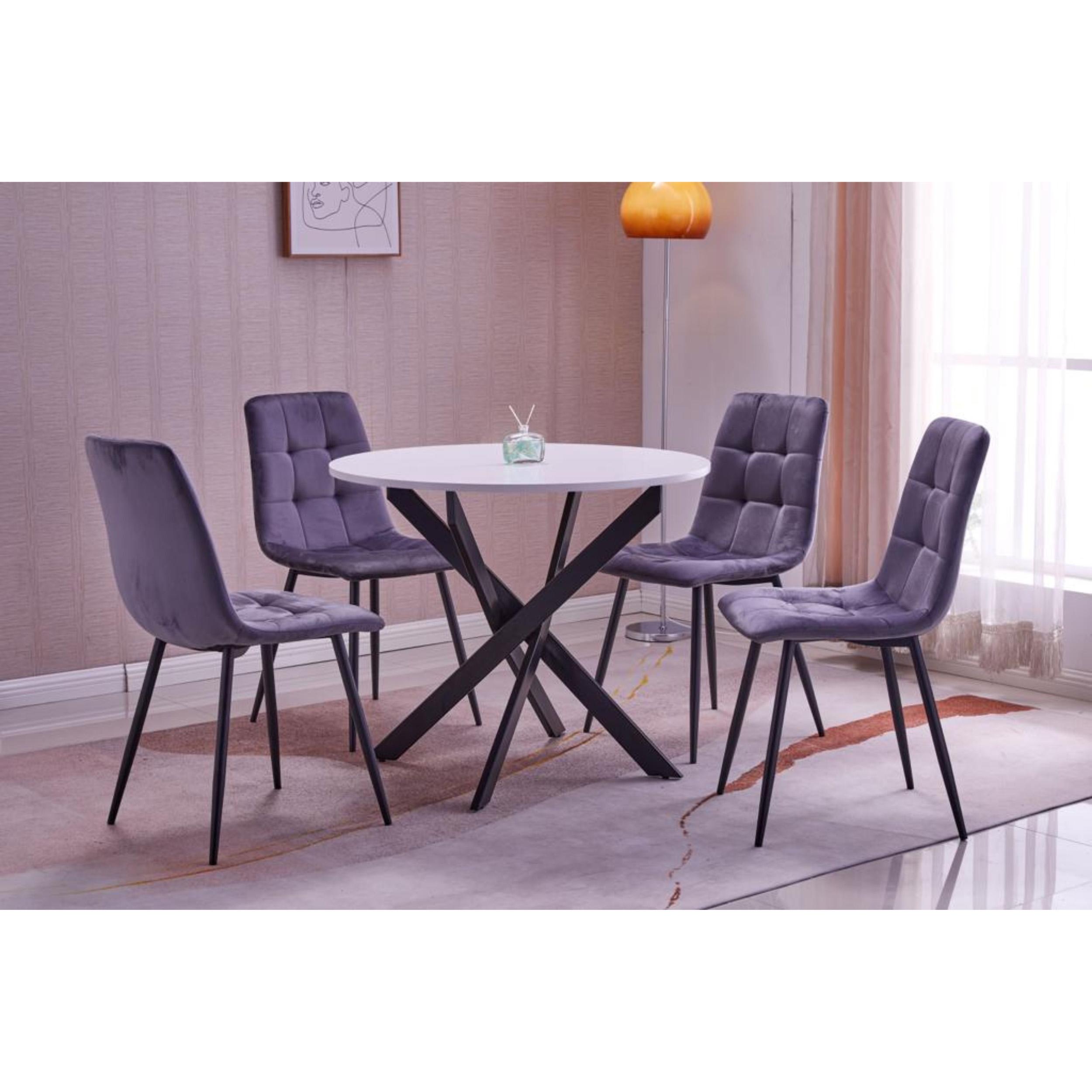 foto del prodotto set mobili, pack di 4 sedie da pranzo, sedia imbottita, sedia, tavolo rotondo 90x90x77cm, bianco, gambe nere rf2660