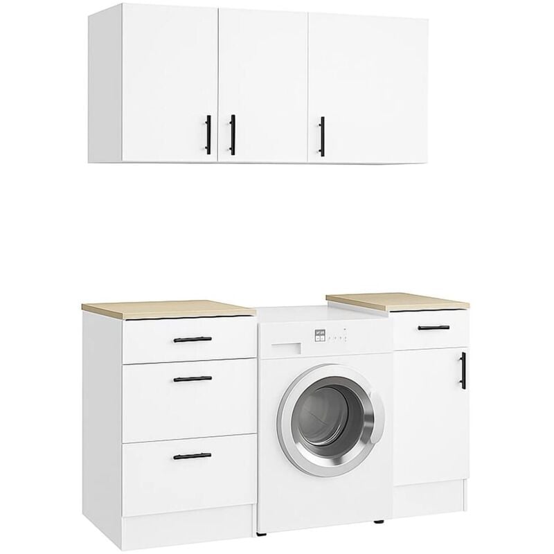 foto del prodotto set mobili per lavanderia sesleria, composizione lavanderia moderna, soluzione salvaspazio per zona lavaggio, bianco e rovere - dmora
