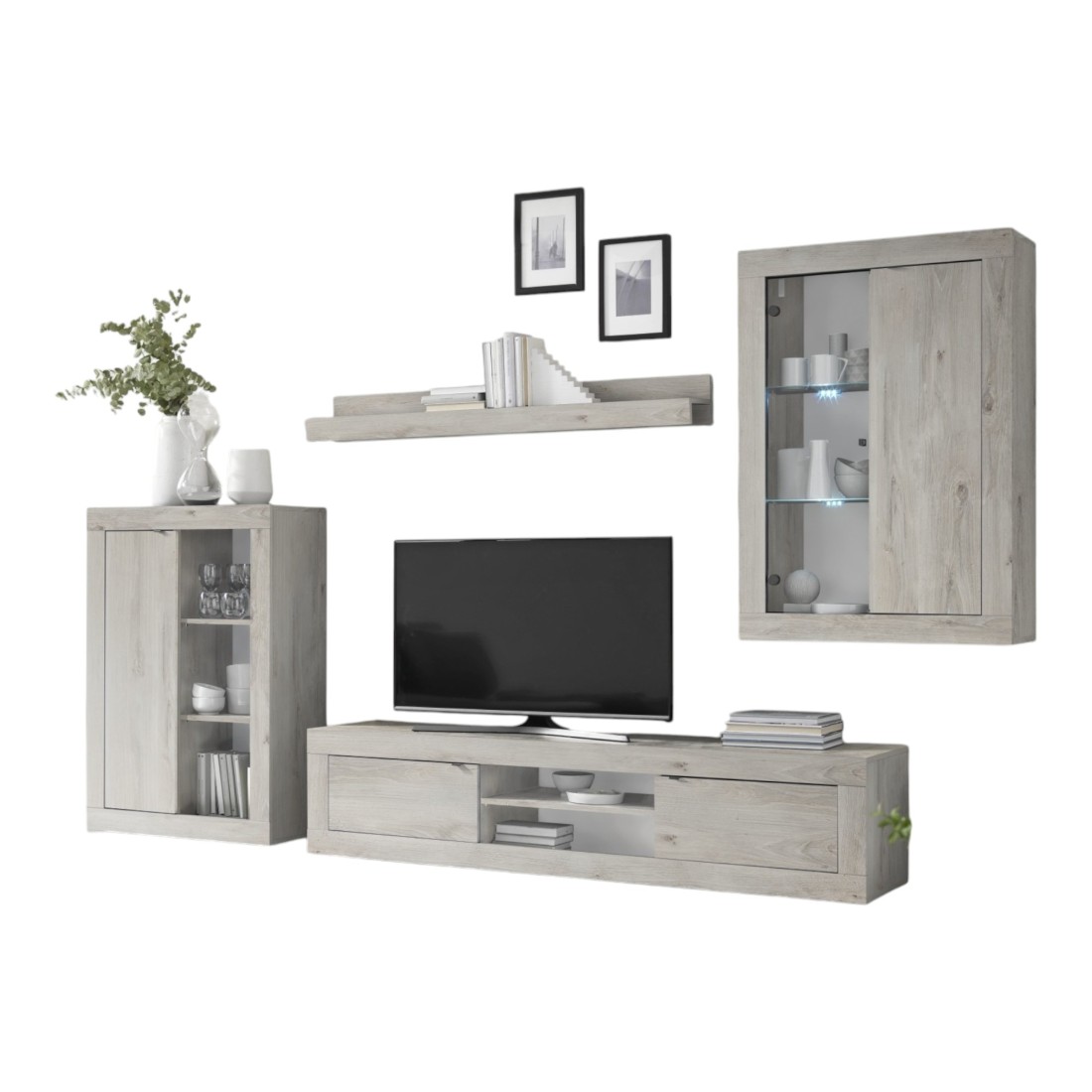 foto del prodotto set mobili soggiorno kalo ampio spazio di archiviazione grigio chiaro effetto legno design moderno ed elegante