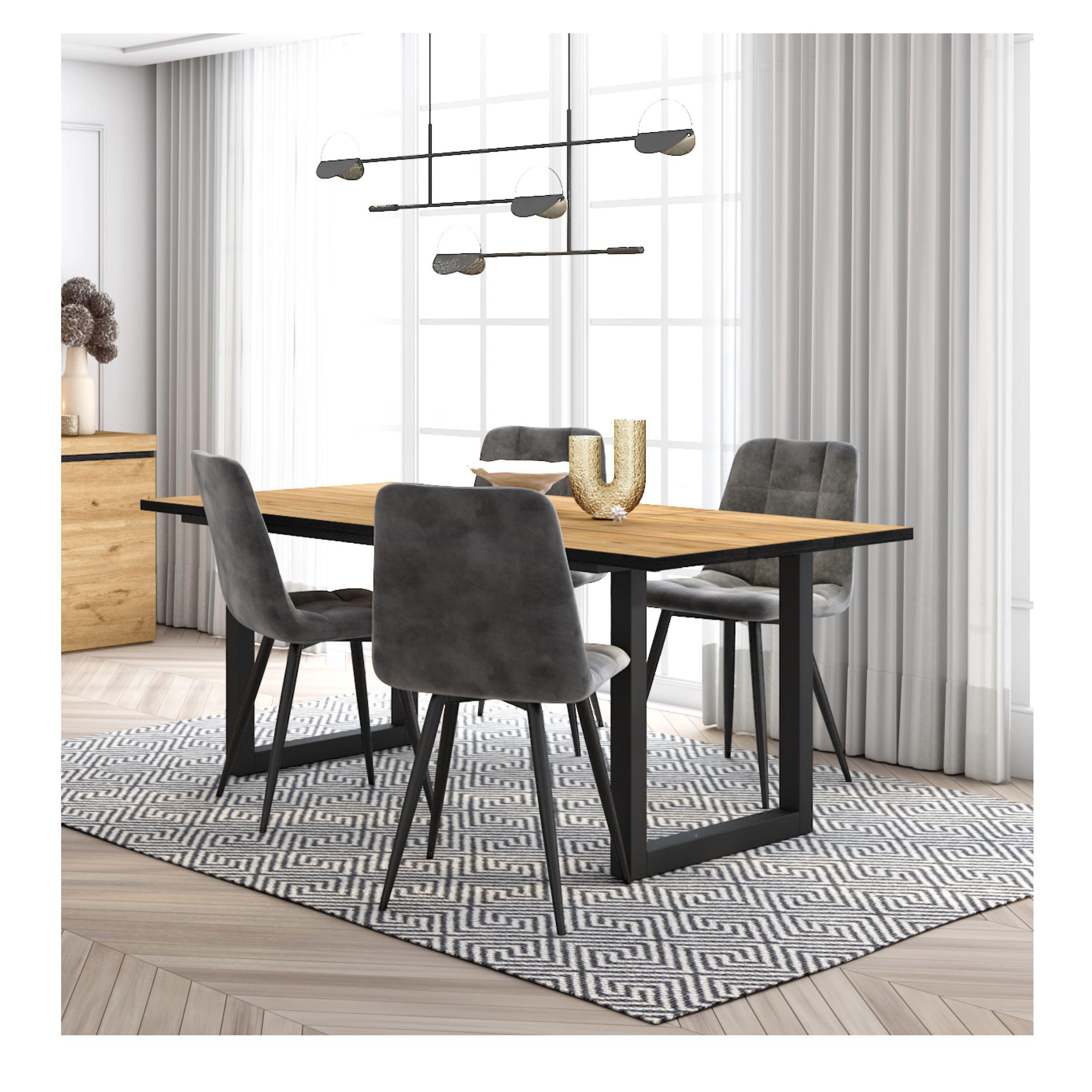 foto del prodotto set mobili, tavolo da pranzo, 167x90x75cm, colore rovere e nero, pack di 4 sedie da pranzo, sedia imbottita rf2683