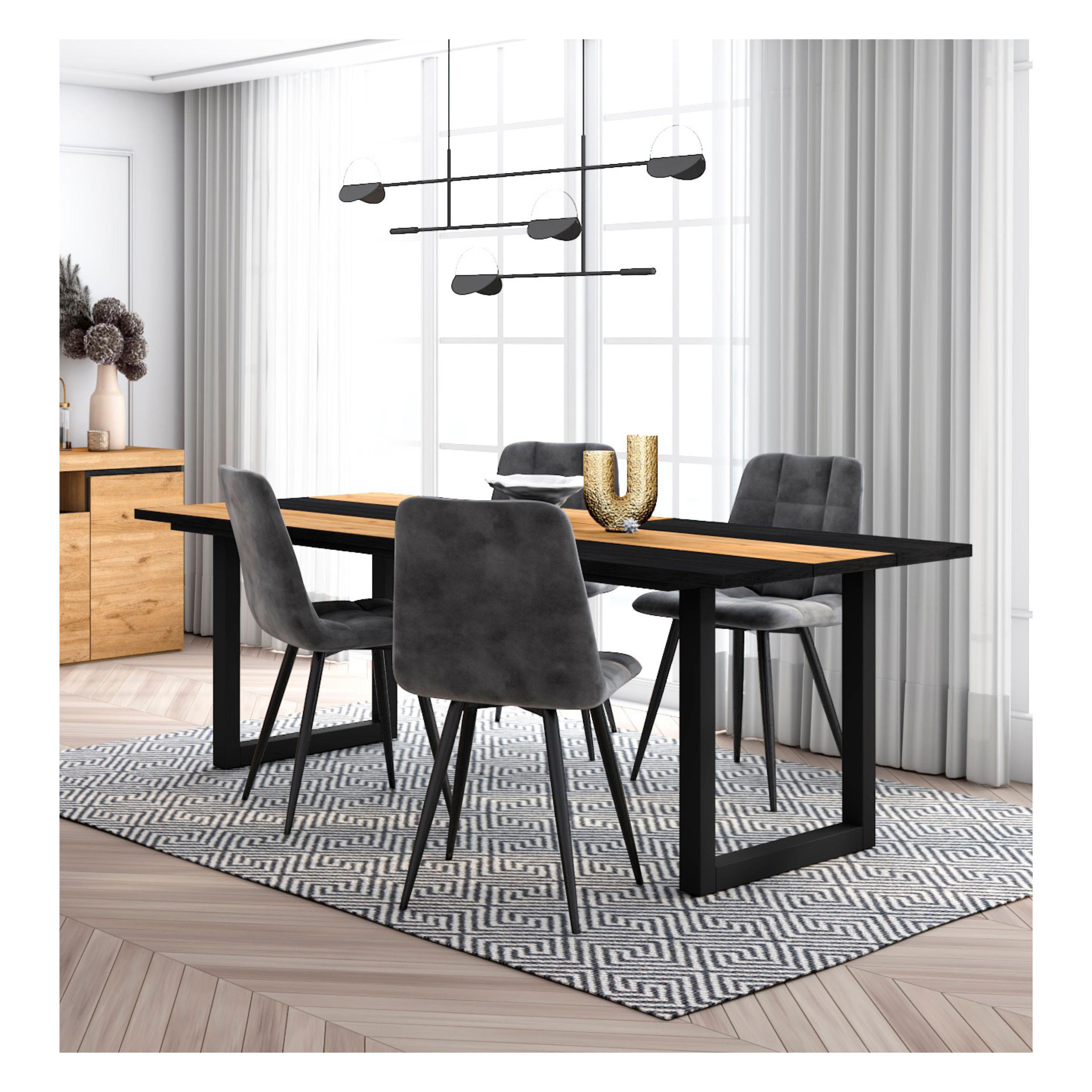 foto del prodotto set mobili, tavolo da pranzo, 194x90x75cm, colore rovere e nero, pack di 4 sedie da pranzo, sedia imbottita rf2687