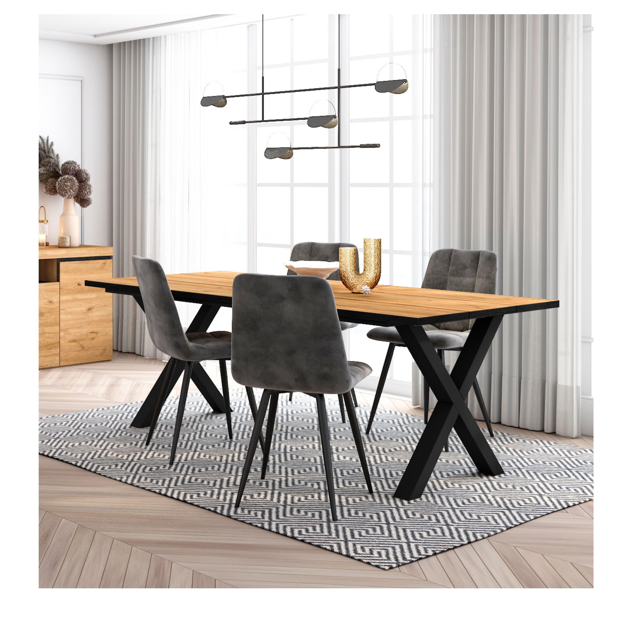 foto del prodotto set mobili, tavolo da pranzo, 194x90x75cm, colore rovere e nero, pack di 4 sedie da pranzo, sedia imbottita rf2690