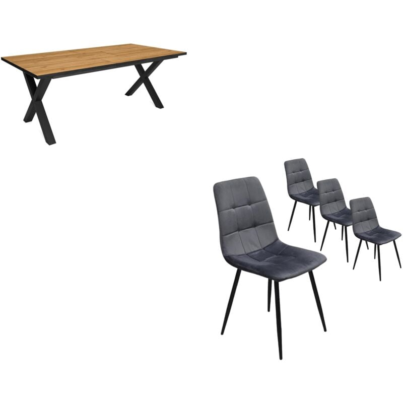 foto del prodotto set mobili, tavolo da pranzo, 200, rovere e nero, industriale, tavolo, pack di 4 sedie da pranzo, sedia imbottita skraut home