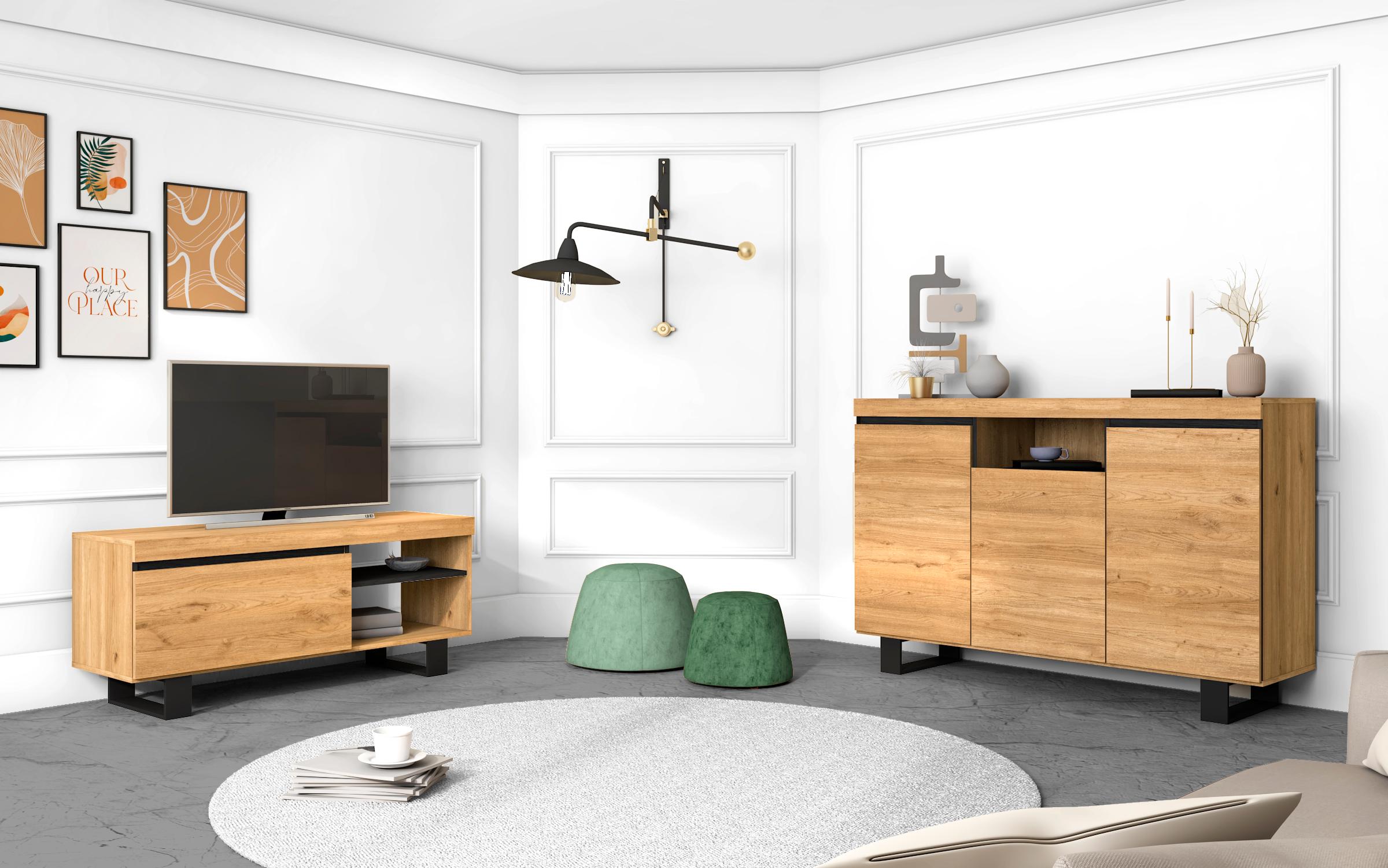 foto del prodotto set naturale sala da pranzo, mobile ausiliario, credenza-mobile tv 120cm colore rovere nero nordico rf988