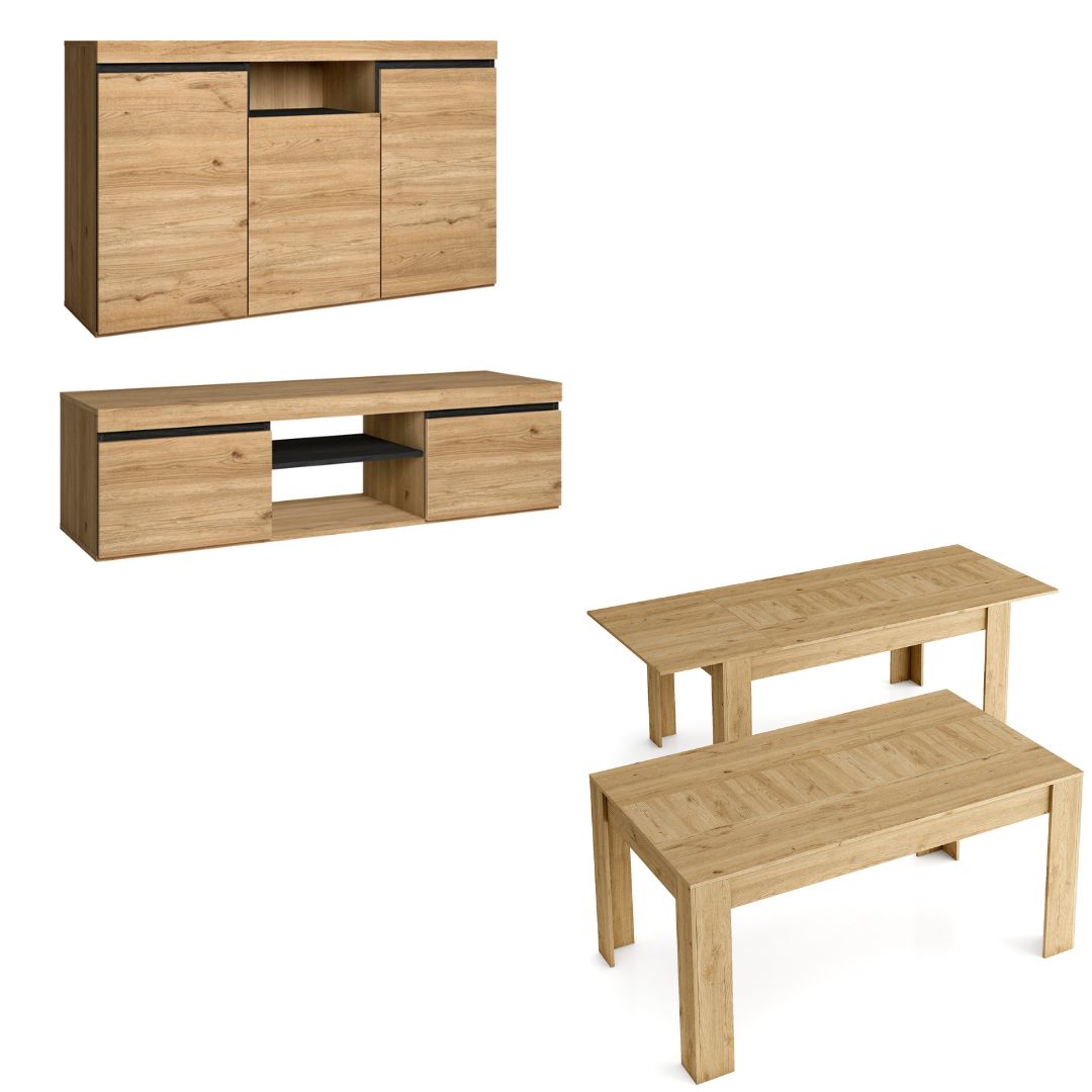 foto del prodotto set naturale sala da pranzo, mobili per sala da pranzo, credenza mobile tv 140cm tavolo allungabile colore rovere e nero