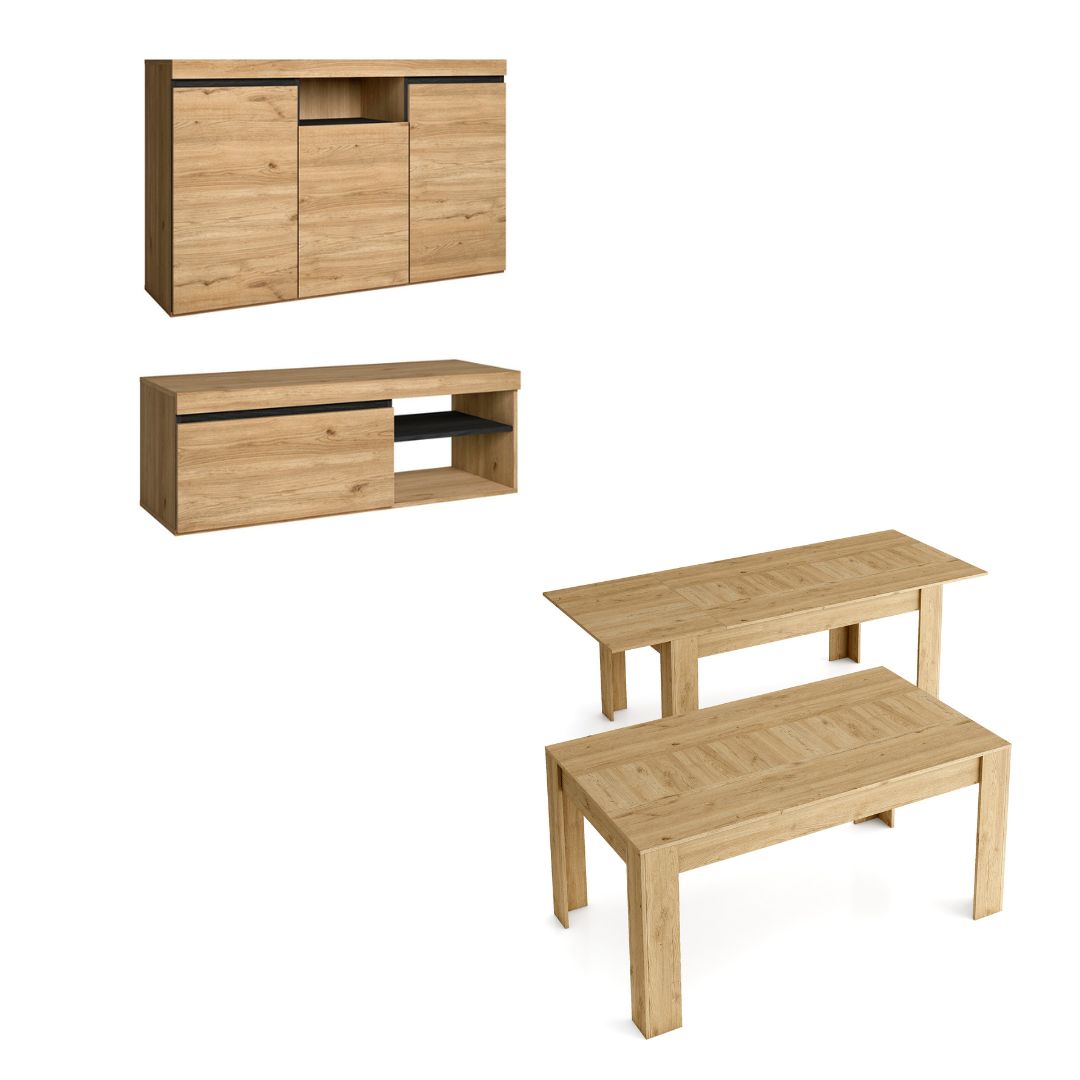 foto del prodotto set naturale sala da pranzo, salotto, credenza mobile tv 120cm tavolo allungabile rovere nero