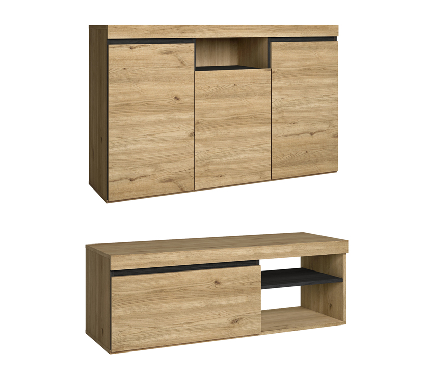 foto del prodotto set naturale soggiorno sala da pranzo, mobili ausiliari, buffet mobile tv 120cm colore rovere nordico e nero