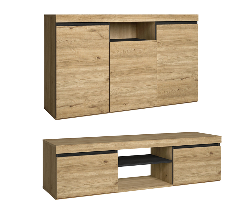 foto del prodotto set naturale soggiorno sala da pranzo, mobili ausiliari, buffet mobile-tv 140cm colore rovere nordico e nero