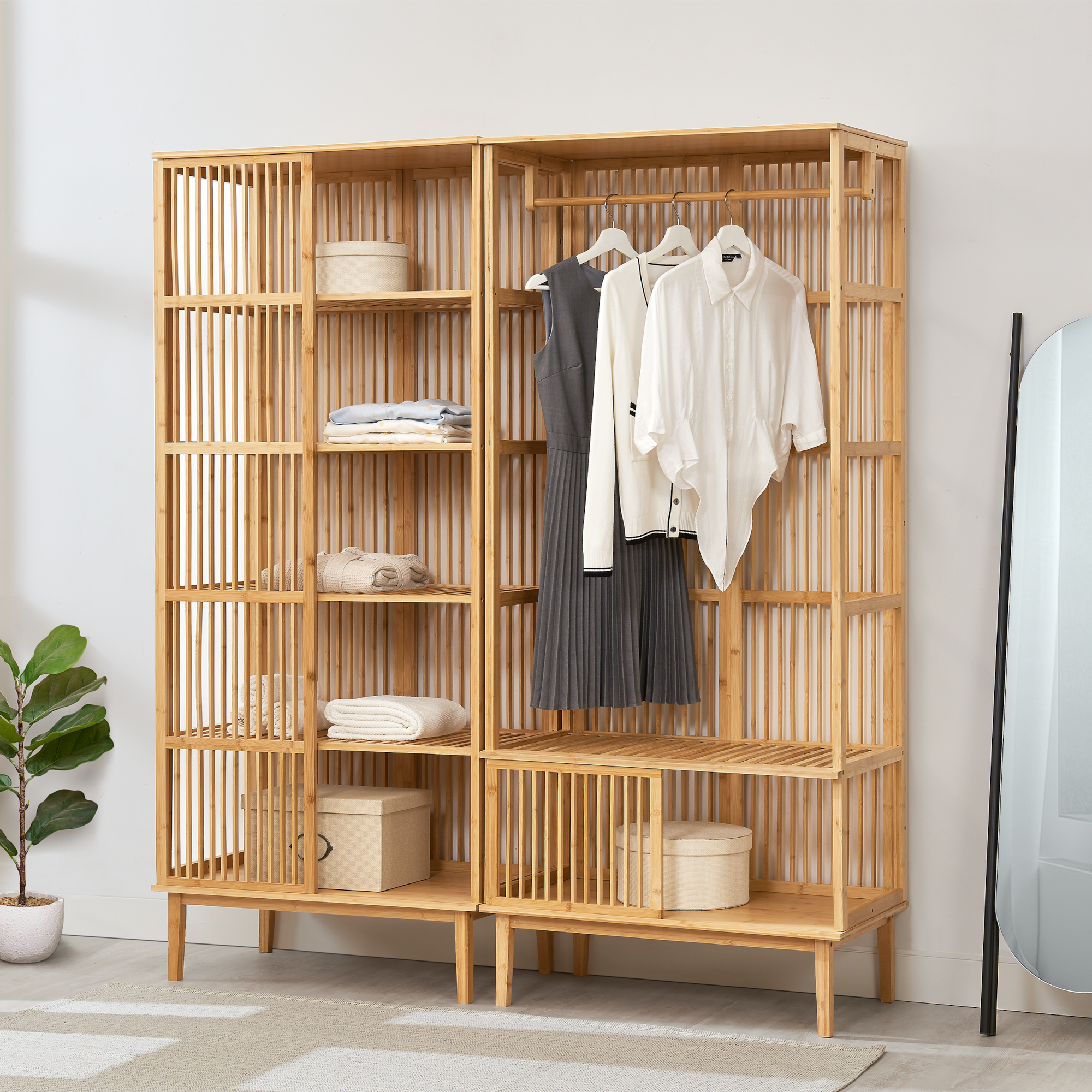 foto del prodotto set organizzatore guardaroba in bambù 1 armadio aperto e 1 scaffale en.casa