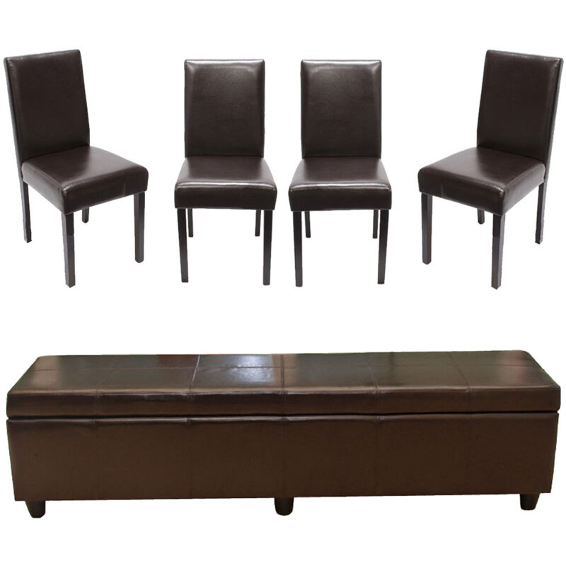 foto del prodotto set panca contenitore kriens xxl con 4x sedie littau pelle e ecopelle, marrone