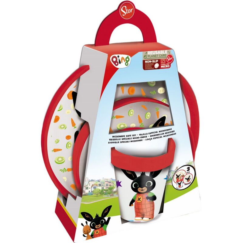 foto del prodotto set pappa anitscivolo bambini bing, in plastica senza bpa, composto da piatto fondo, piano e bicchiere, lavabile e riutilizzabile