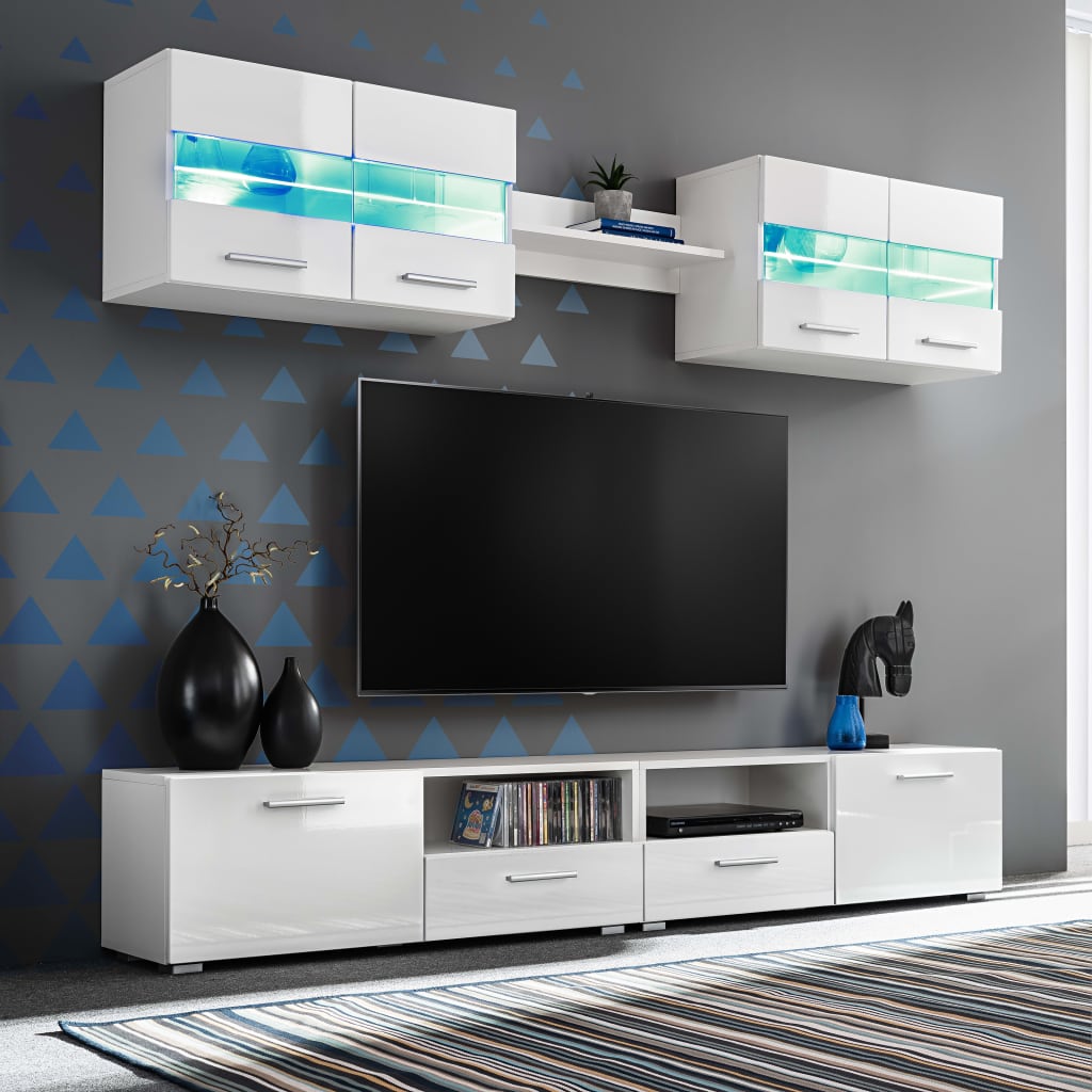 foto del prodotto set parete attrezzata porta tv con luci led 5 pz bianco lucido cod mxl 13804
