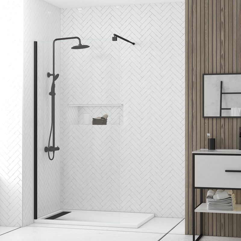 foto del prodotto set parete doccia trasparente 100x200cm barra di supporto estensibile e profilo nero