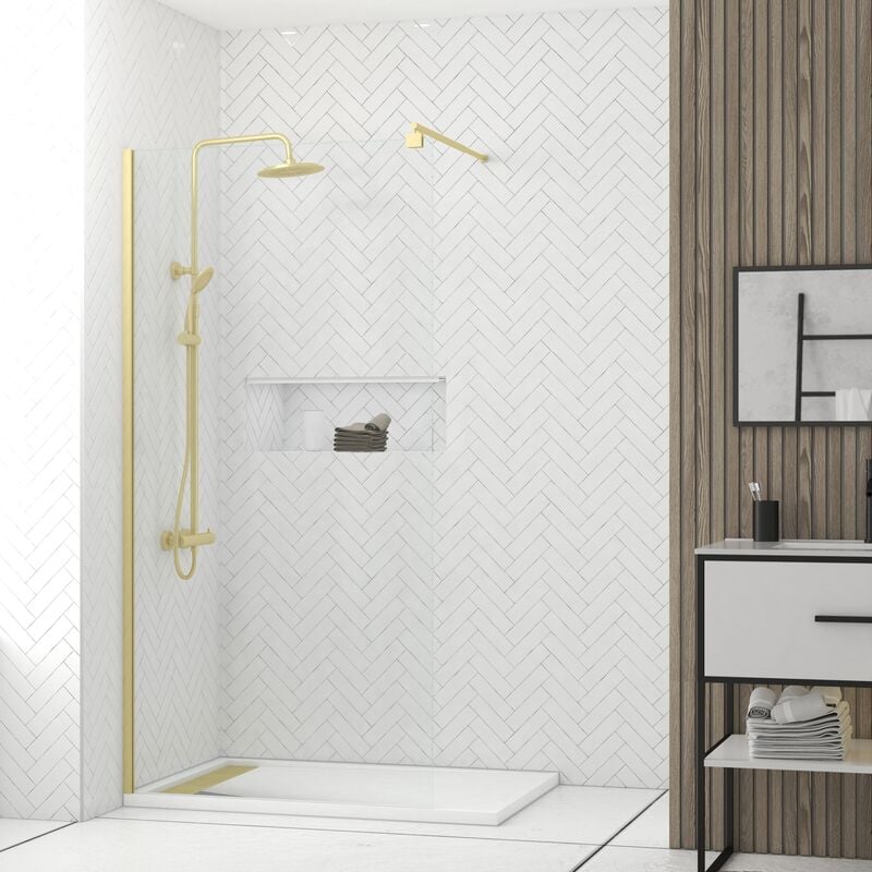 foto del prodotto set parete doccia trasparente 100x200cm barra di supporto estensibile e profilo oro spazzolato