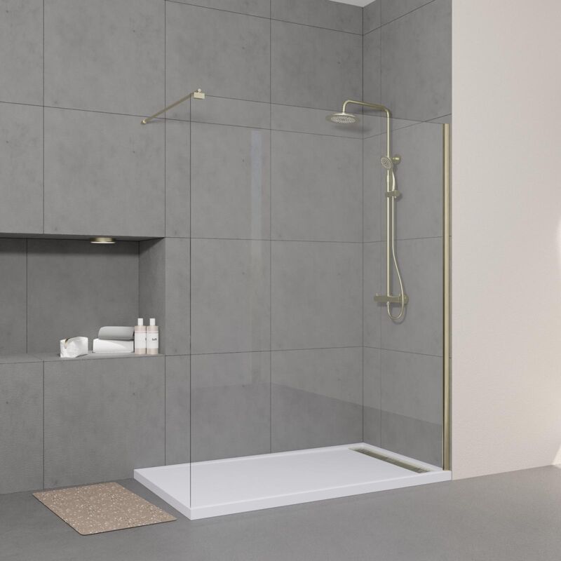 foto del prodotto set parete doccia trasparente 160x200cm barra di supporto estensibile e profilo oro spazzolato