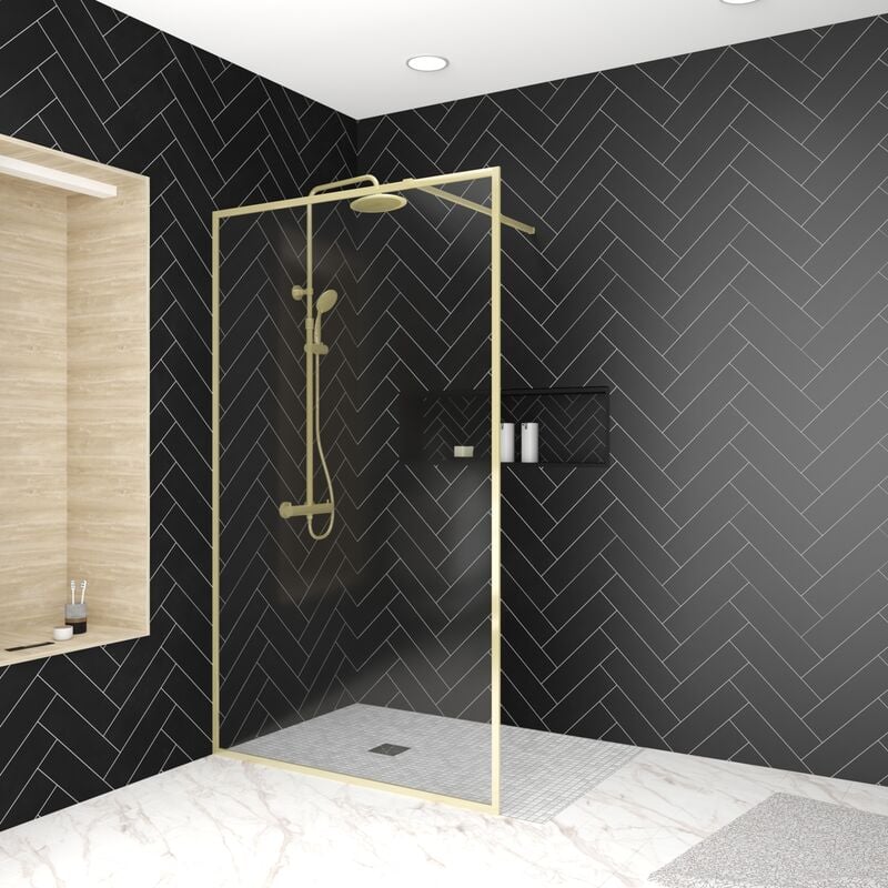 foto del prodotto set parete per doccia con telaio oro spazzolato 120x200cm colonna doccia termostatica