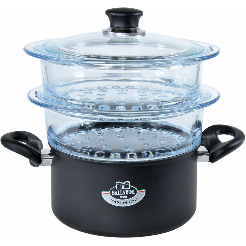foto del prodotto set per cottura a vapore cuocivapore, casseruola con 2 cestelli in vetro forati e sovrapponibili, diametro 20 cm, con coperchio in vetro, gli