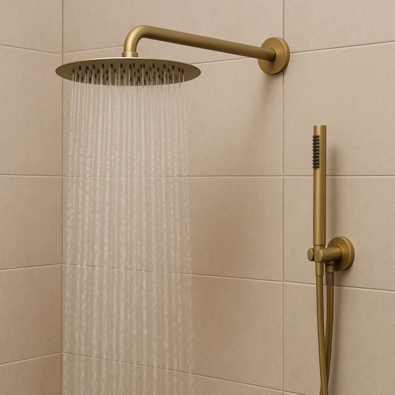 foto del prodotto set per doccia soffione tondo in acciaio inox 250 millimetri finitura oro finitura oro matt satinato confezione 1