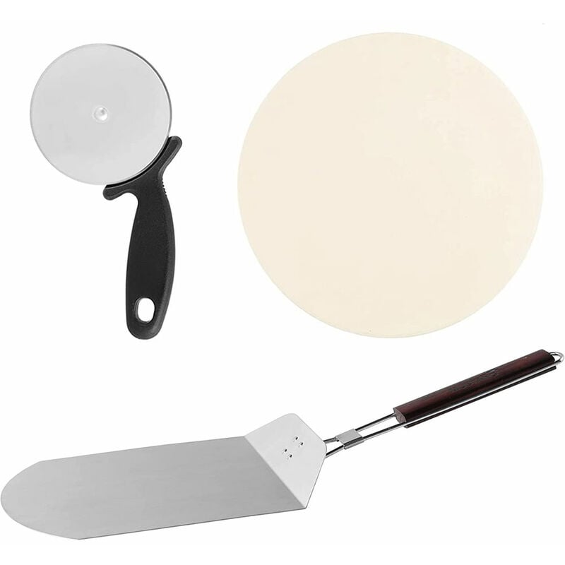 foto del prodotto set per pizza con pietra refrattaria pala pieghevole manico legno e tagliapizza