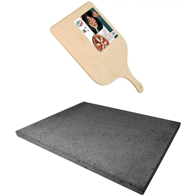 foto del prodotto set per preparare la pizza in pietra lavica teglia pala in legno 38x30 cm