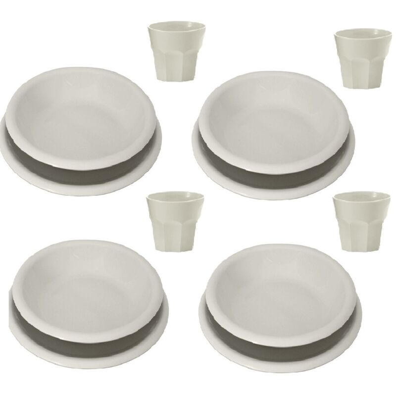 foto del prodotto set piatti e bicchieri in plastica dura per 4 persone 8 piatti 4 bicchieri colore bianco panna perfetto per campeggio, camper e roulotte gite