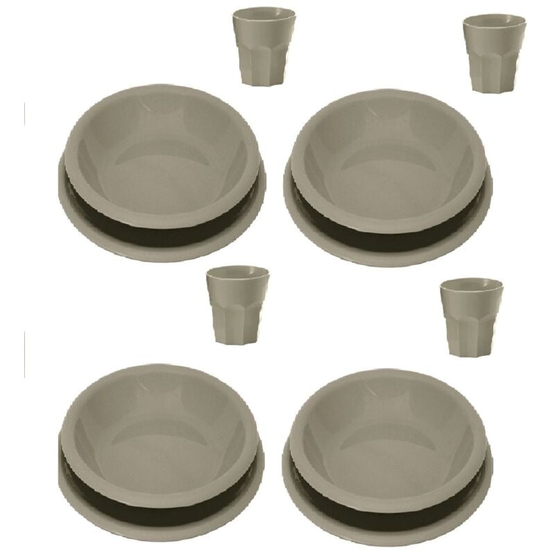 foto del prodotto set piatti e bicchieri in plastica dura per 4 persone 8 piatti 4 bicchieri colore grigio caldo perfetto per campeggio, camper e roulotte gite