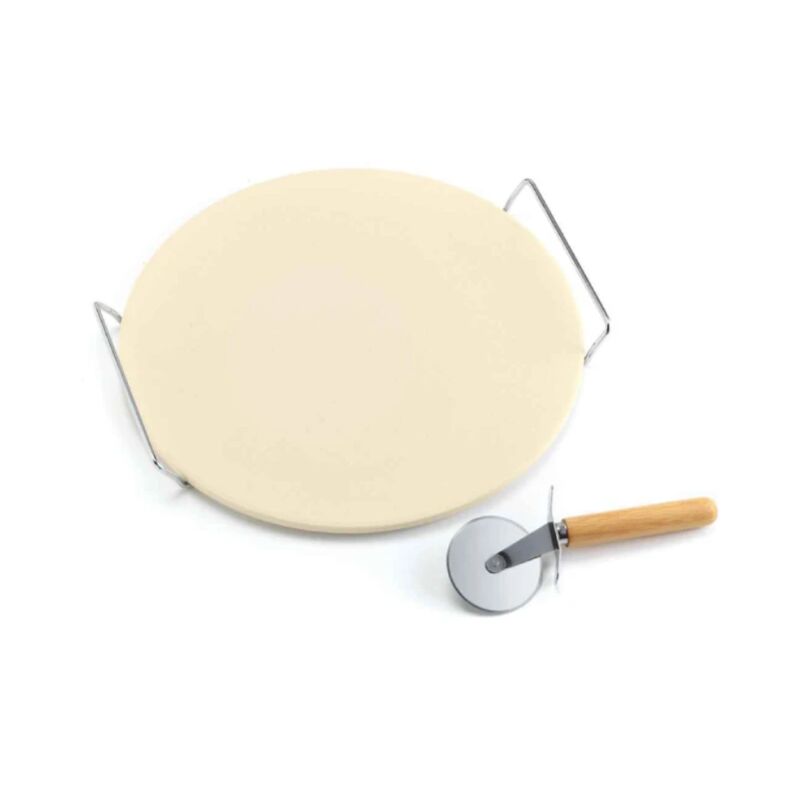 foto del prodotto set pietra refrattaria rotonda 33 cm con supporto e rotella tagliapizza ompagrill