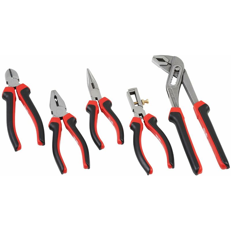 foto del prodotto set pinze assortite, spelafili, tronchese frontale, pinza universale, pinza becchi tondi, pinza regolabile, manici con grip antiscivolo, attestato