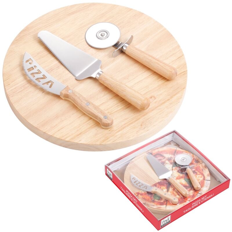 foto del prodotto set pizza con tagliere in legno e utensili professionali