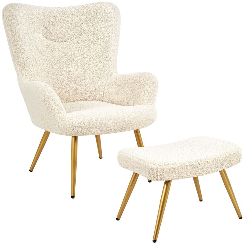 foto del prodotto set poltrona da salotto con pouf poggiapiedi in tessuto boucl e metallo imbottita con schienale braccioli avorio yaheetech