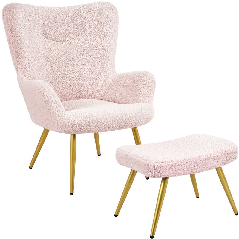foto del prodotto set poltrona da salotto con pouf poggiapiedi in tessuto boucl e metallo imbottita con schienale braccioli rosa yaheetech