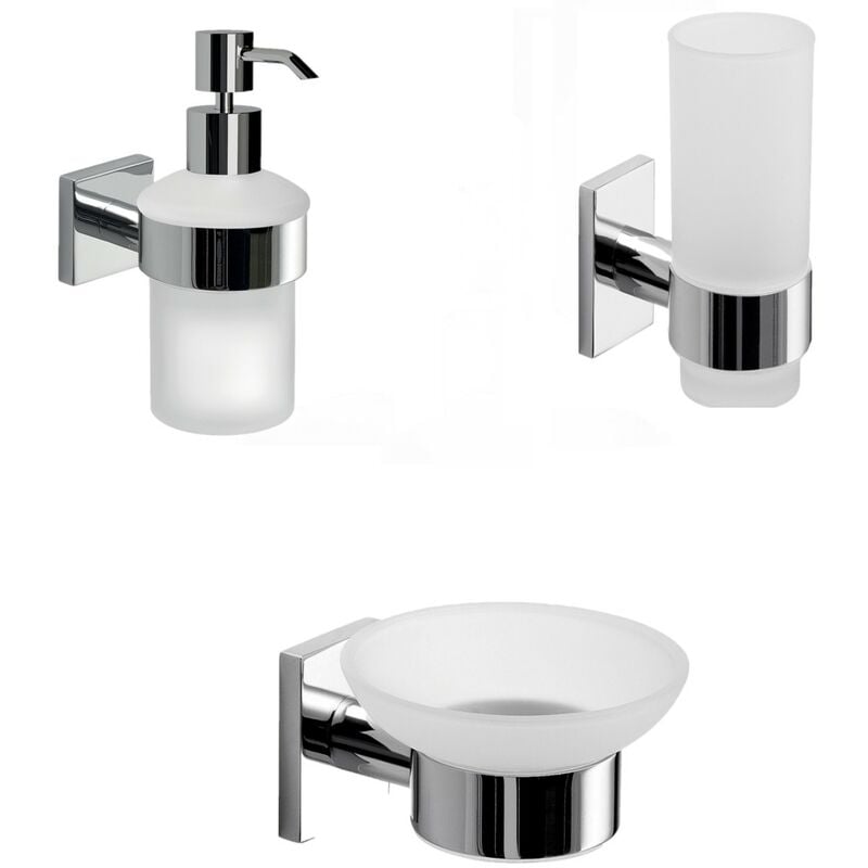 foto del prodotto set portaspazzolini, dosasapone e portasapone da muro gedy linea fuji cromato