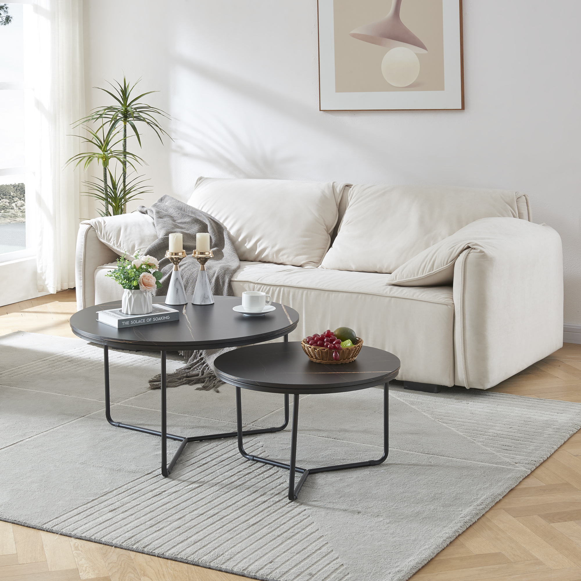 foto del prodotto set poxdorf di 2 tavolini sovrapponibili piano rotondo effetto marmo nero en.casa 