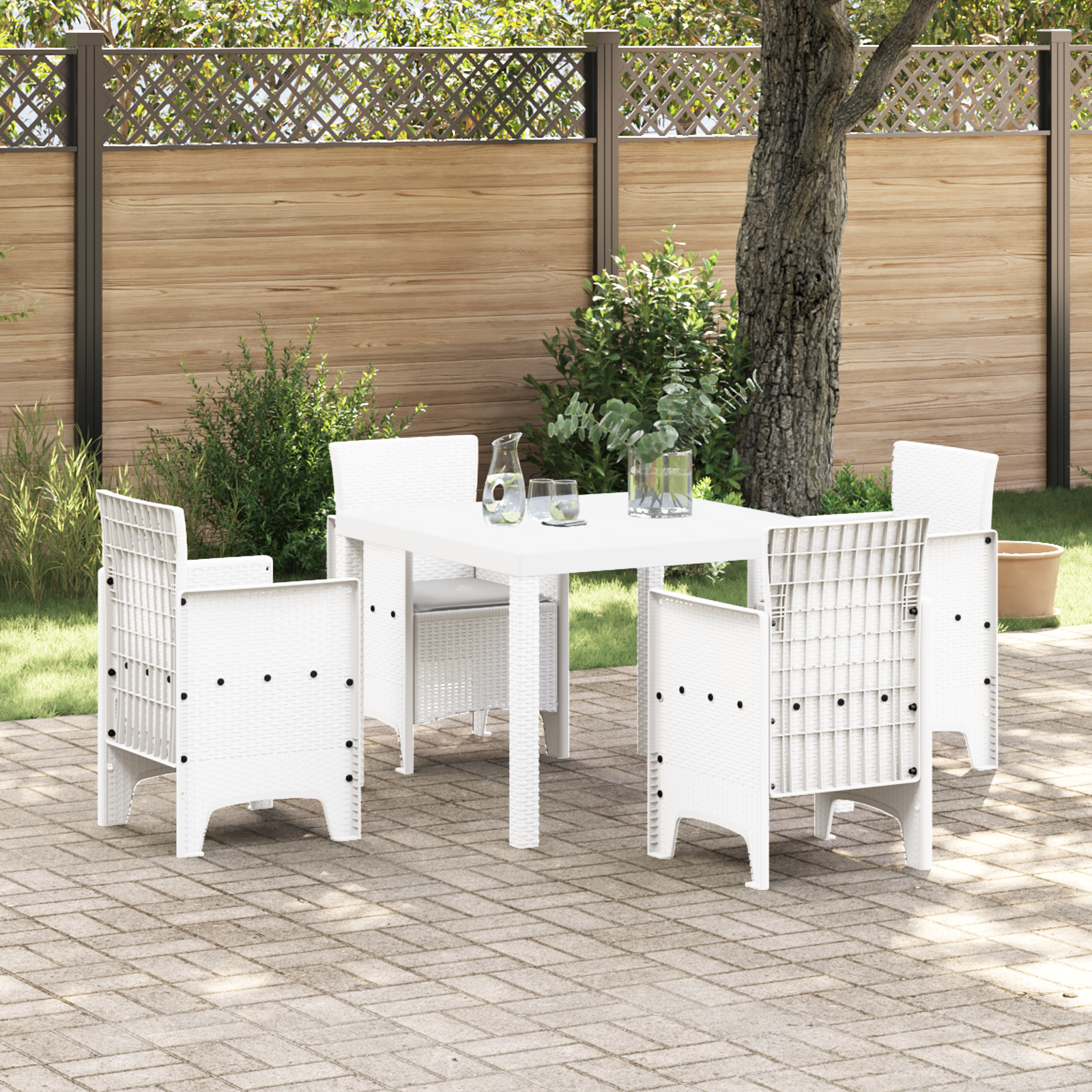 foto del prodotto set pranzo 5 pezzi giardino con cuscini in polyrattan bianco