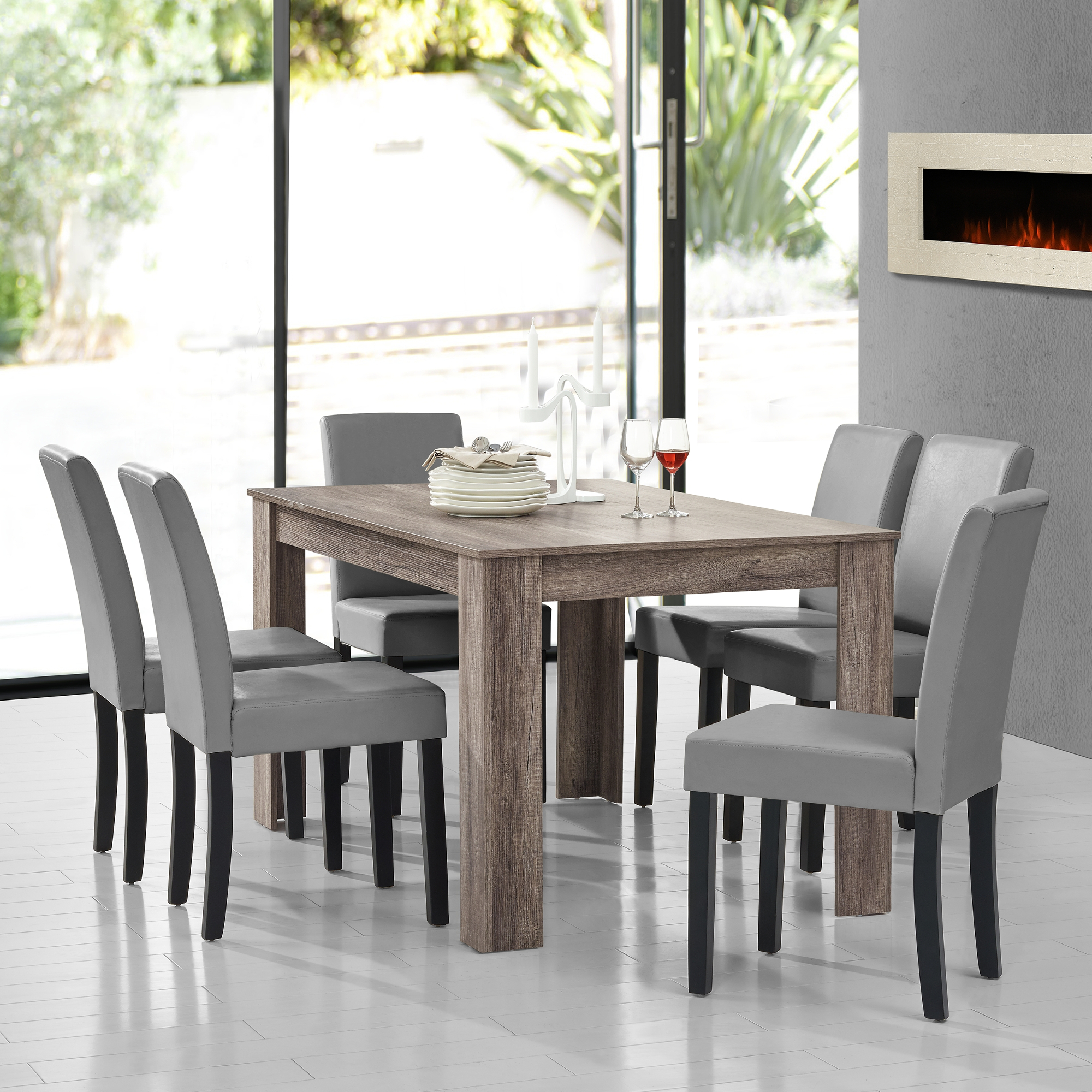 foto del prodotto set pranzo con tavolo 140x90 cm e 6 sedie in similpelle effetto rovere antico grigio chiaro en.casa 