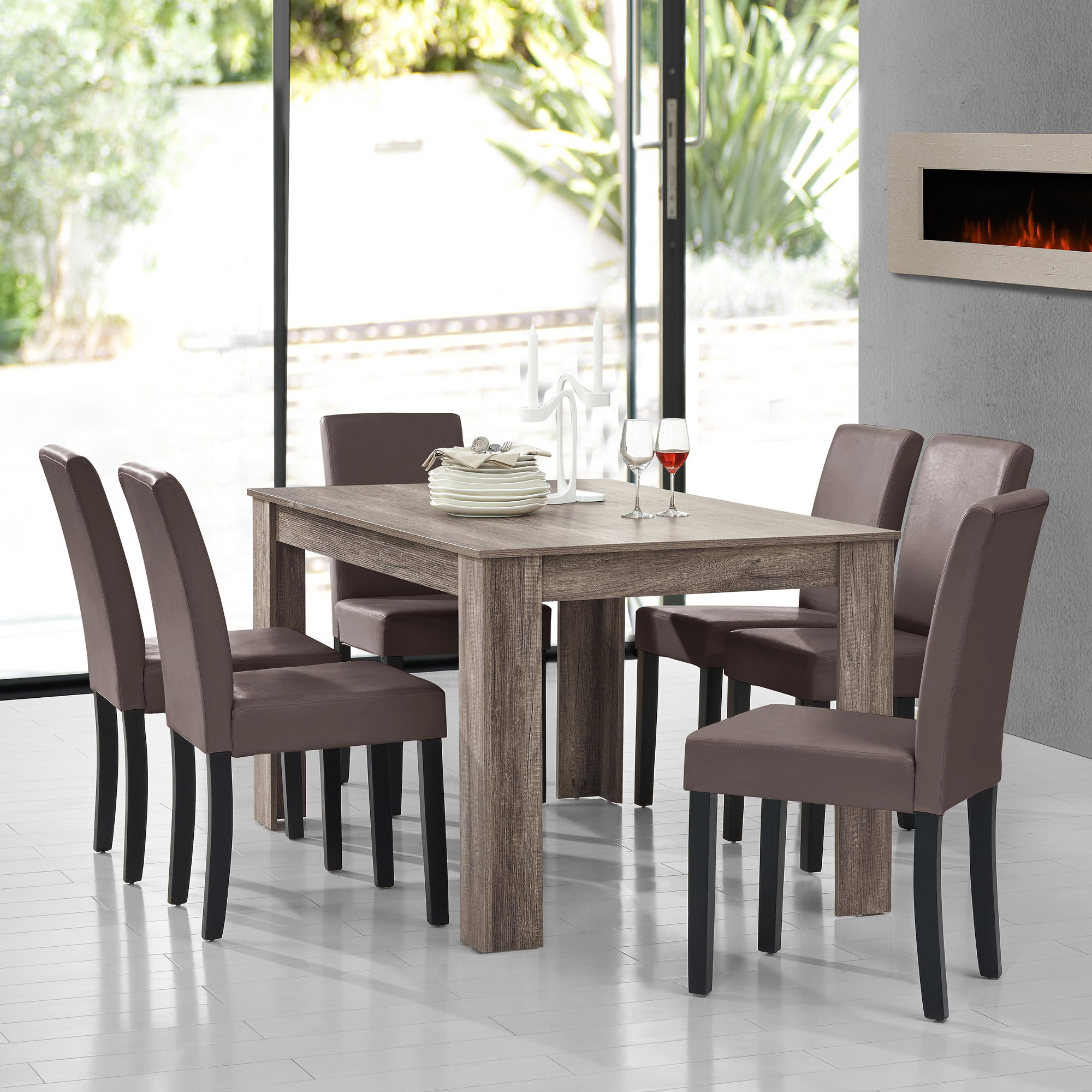 foto del prodotto set pranzo con tavolo 140x90 cm e 6 sedie in similpelle effetto rovere antico marrone en.casa 