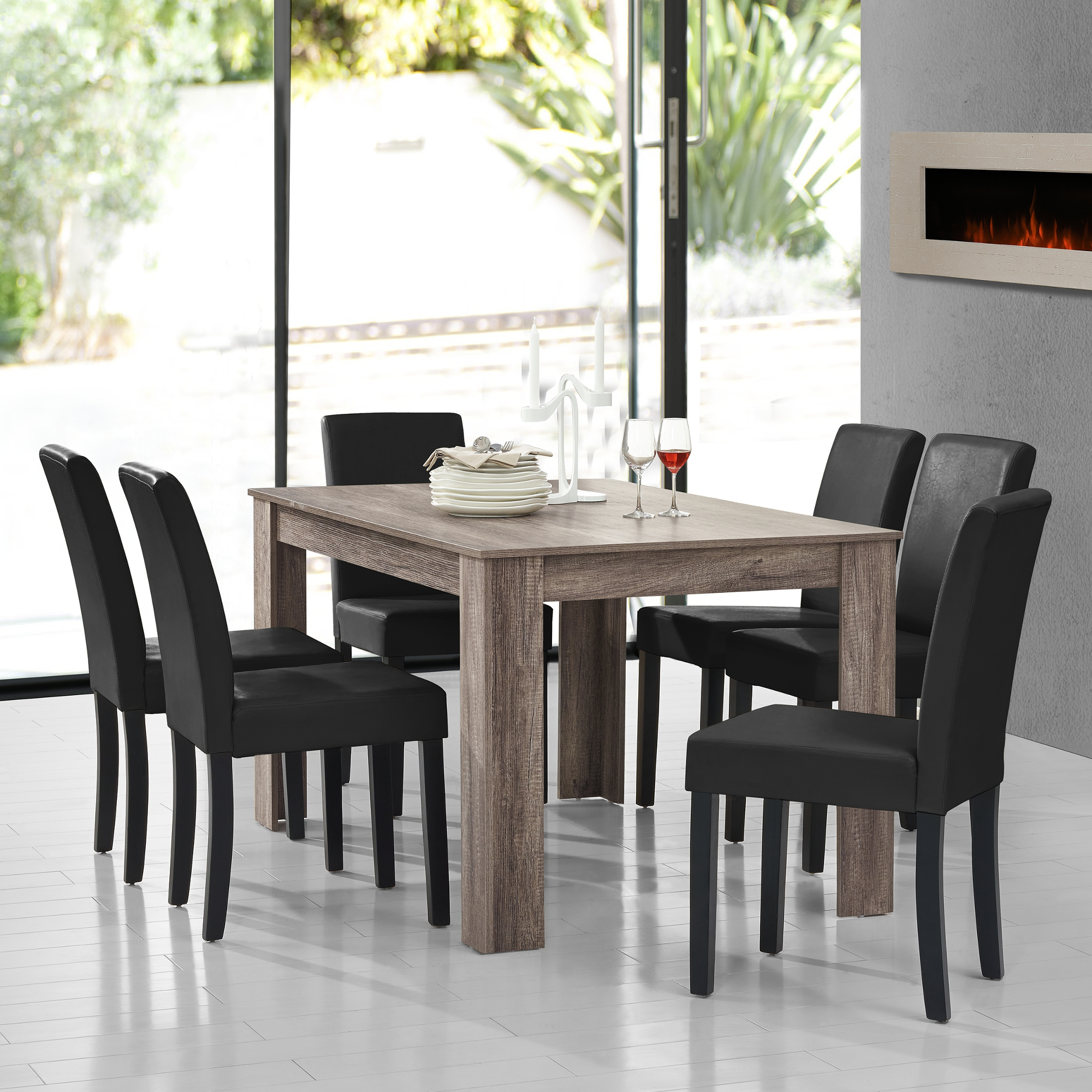 foto del prodotto set pranzo con tavolo 140x90 cm e 6 sedie in similpelle effetto rovere antico nero en.casa 