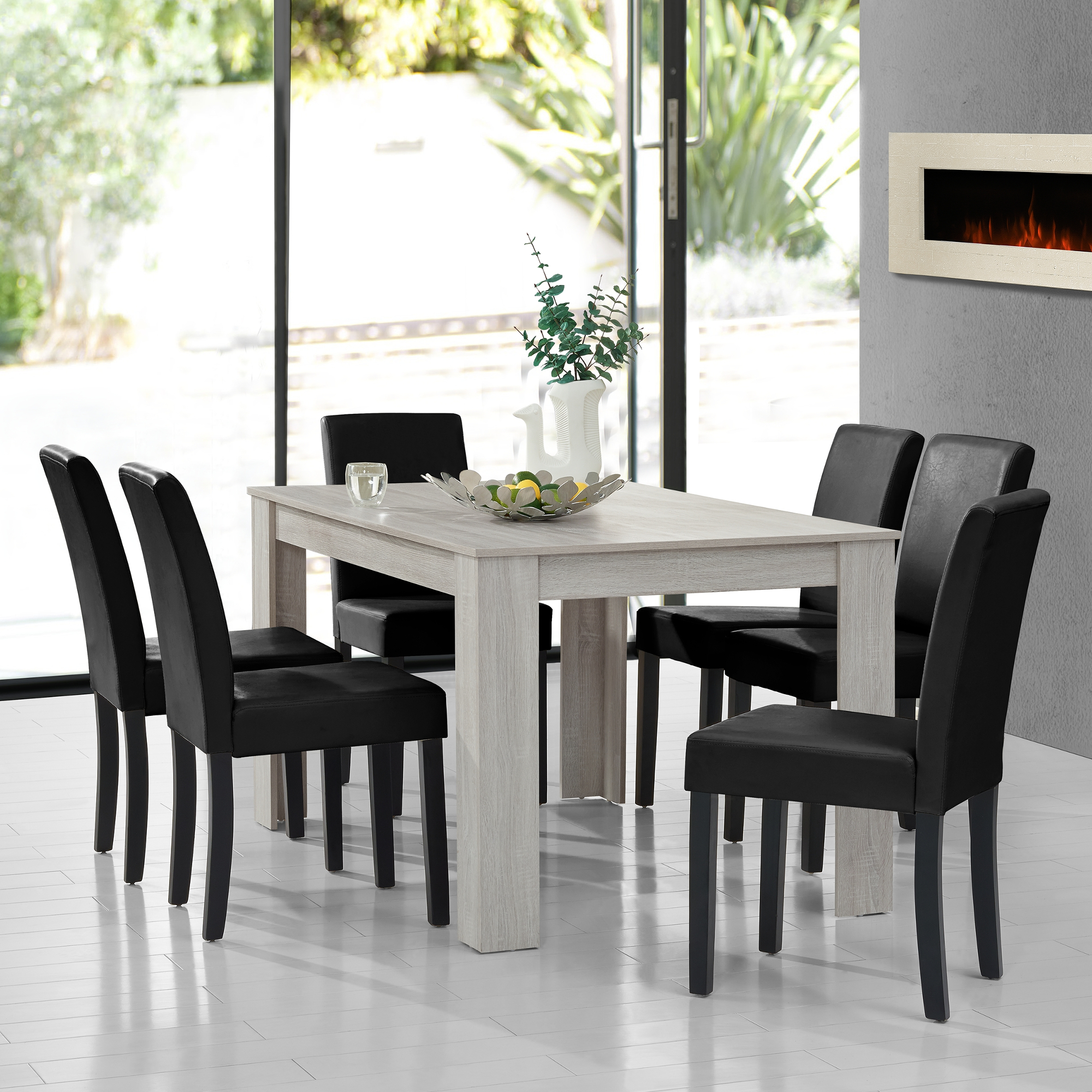foto del prodotto set pranzo con tavolo 140x90 cm e 6 sedie in similpelle effetto rovere bianco nero en.casa 