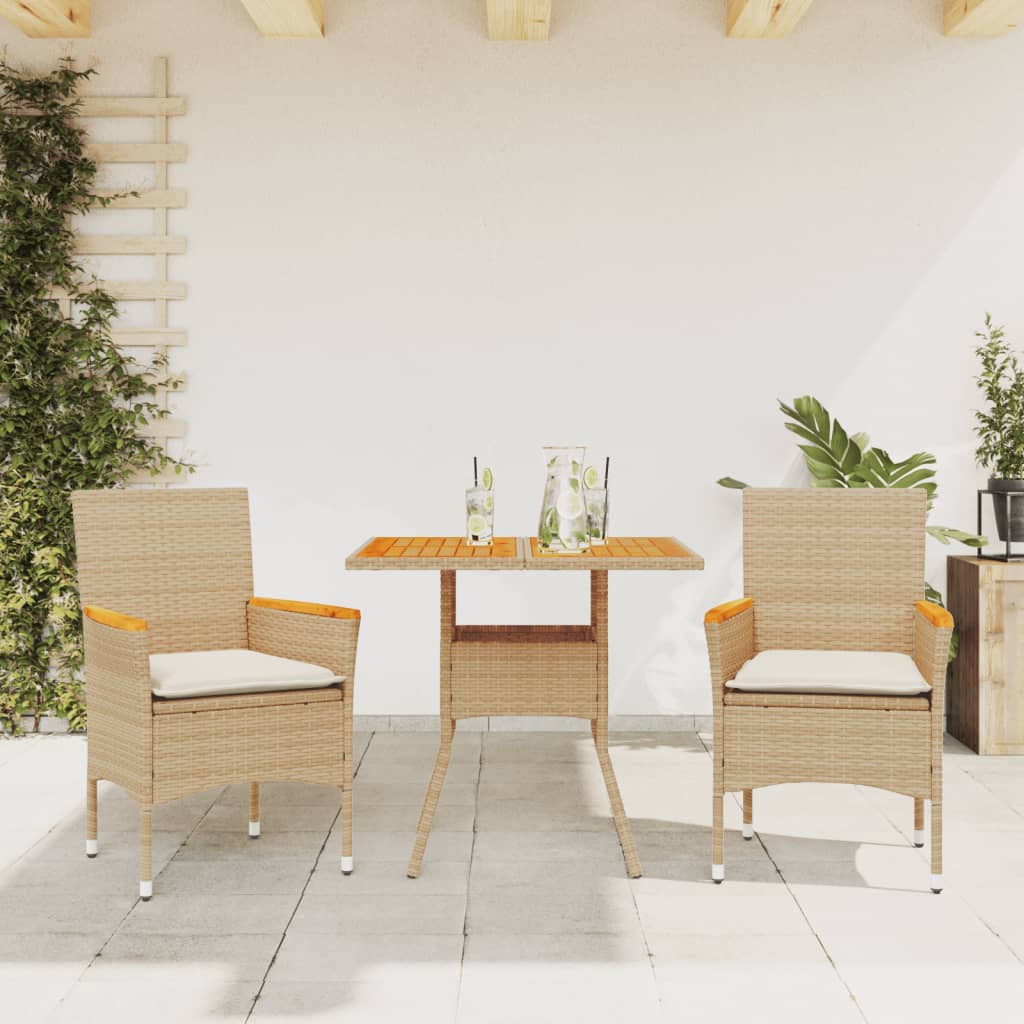 foto del prodotto set pranzo da giardino 3 pz con cuscini beige polyrattan acacia