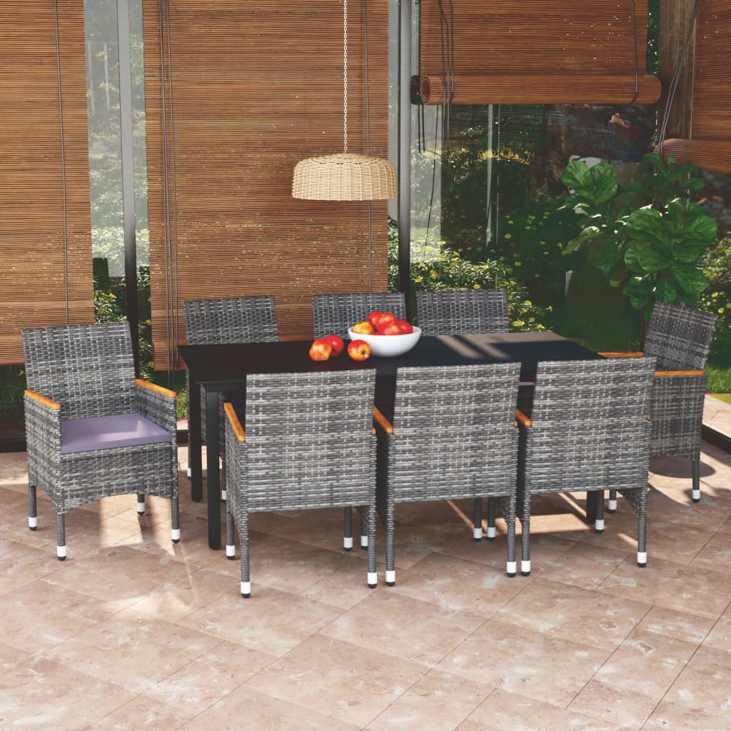 foto del prodotto set pranzo da giardino 9 pz con cuscini in polyrattan grigio cod mxl 38586