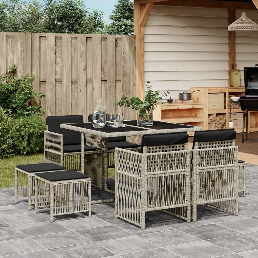 foto del prodotto set pranzo da giardino 9pz con cuscini grigio chiaro polyrattan