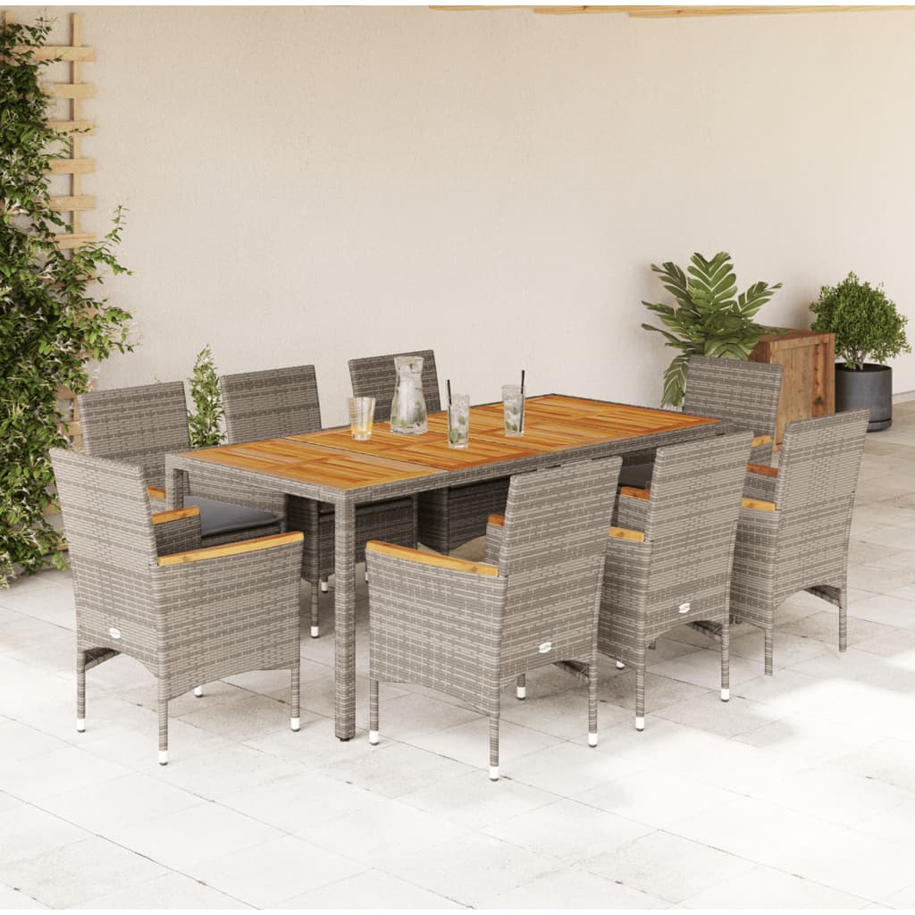 foto del prodotto set pranzo da giardino 9pz con cuscini polyrattan acacia grigio
