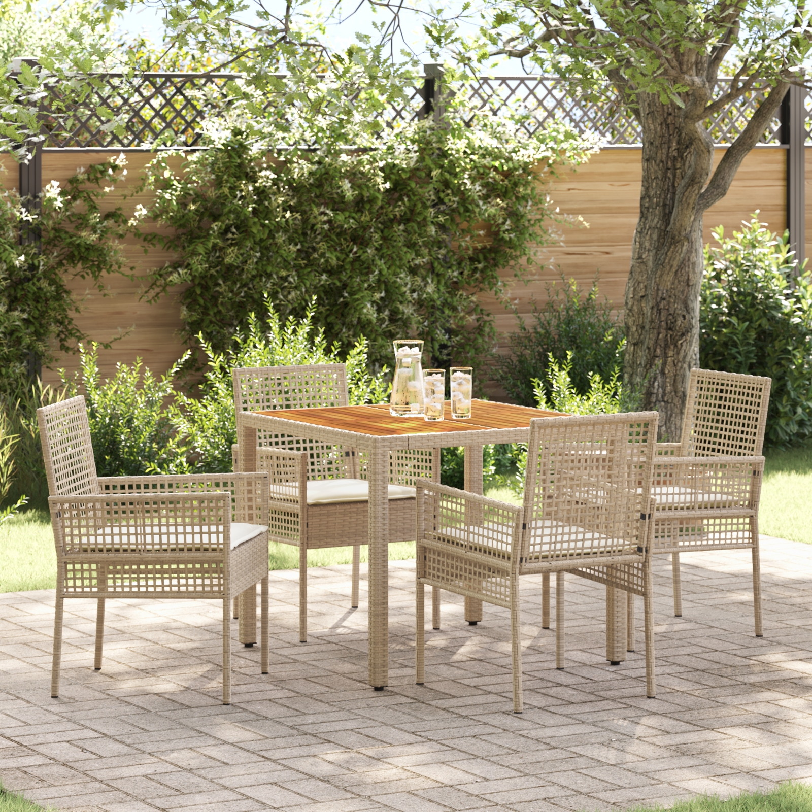 foto del prodotto set pranzo giardino 5 pezzi con cuscini beige rattan sintetico