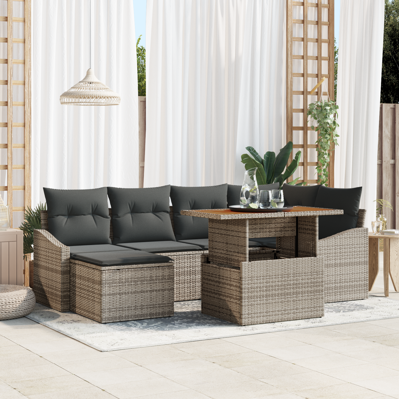 foto del prodotto set pranzo giardino 7 pezzi con cuscini grigio poly rattan acacia