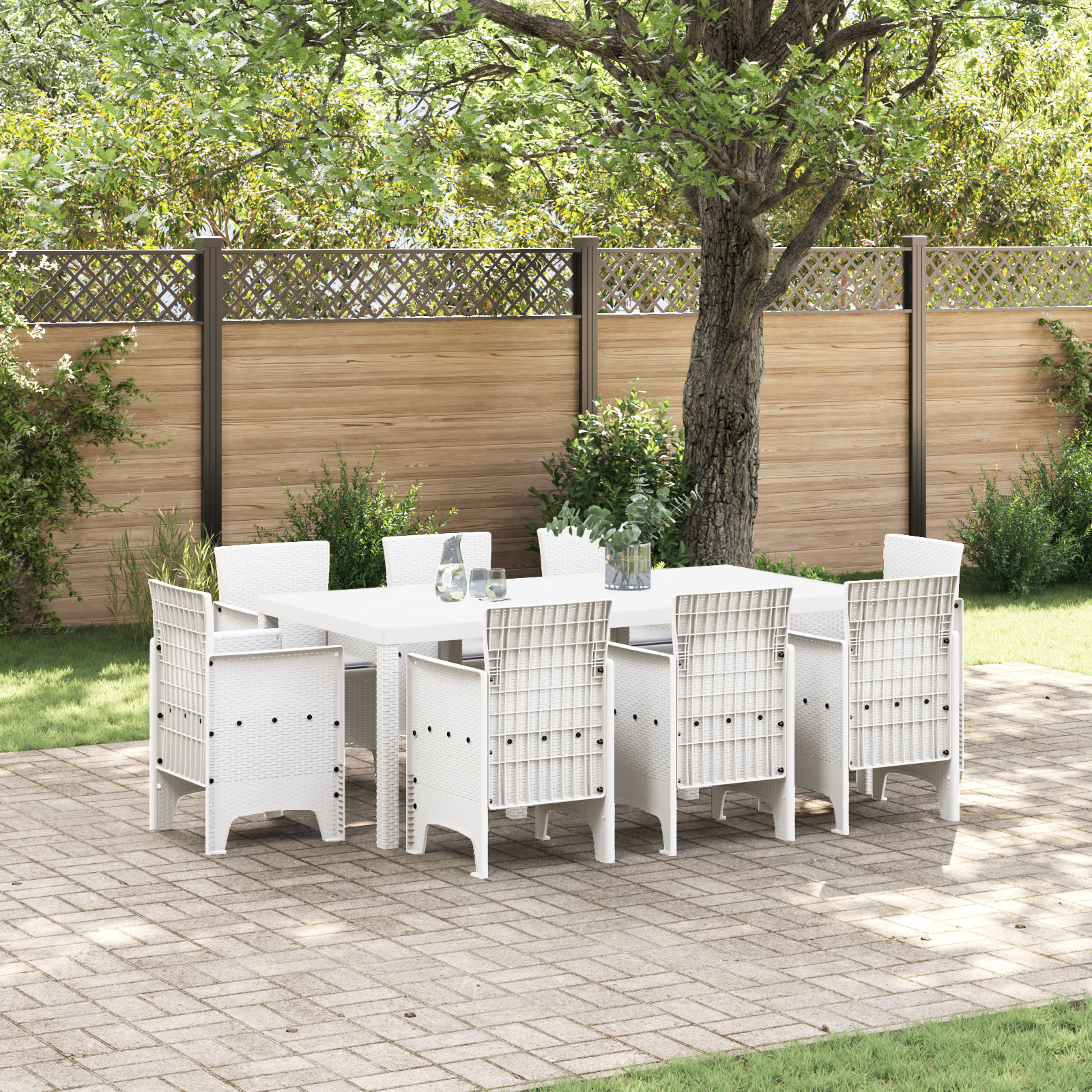 foto del prodotto set pranzo giardino 9 pezzi con cuscini bianco polyrattan