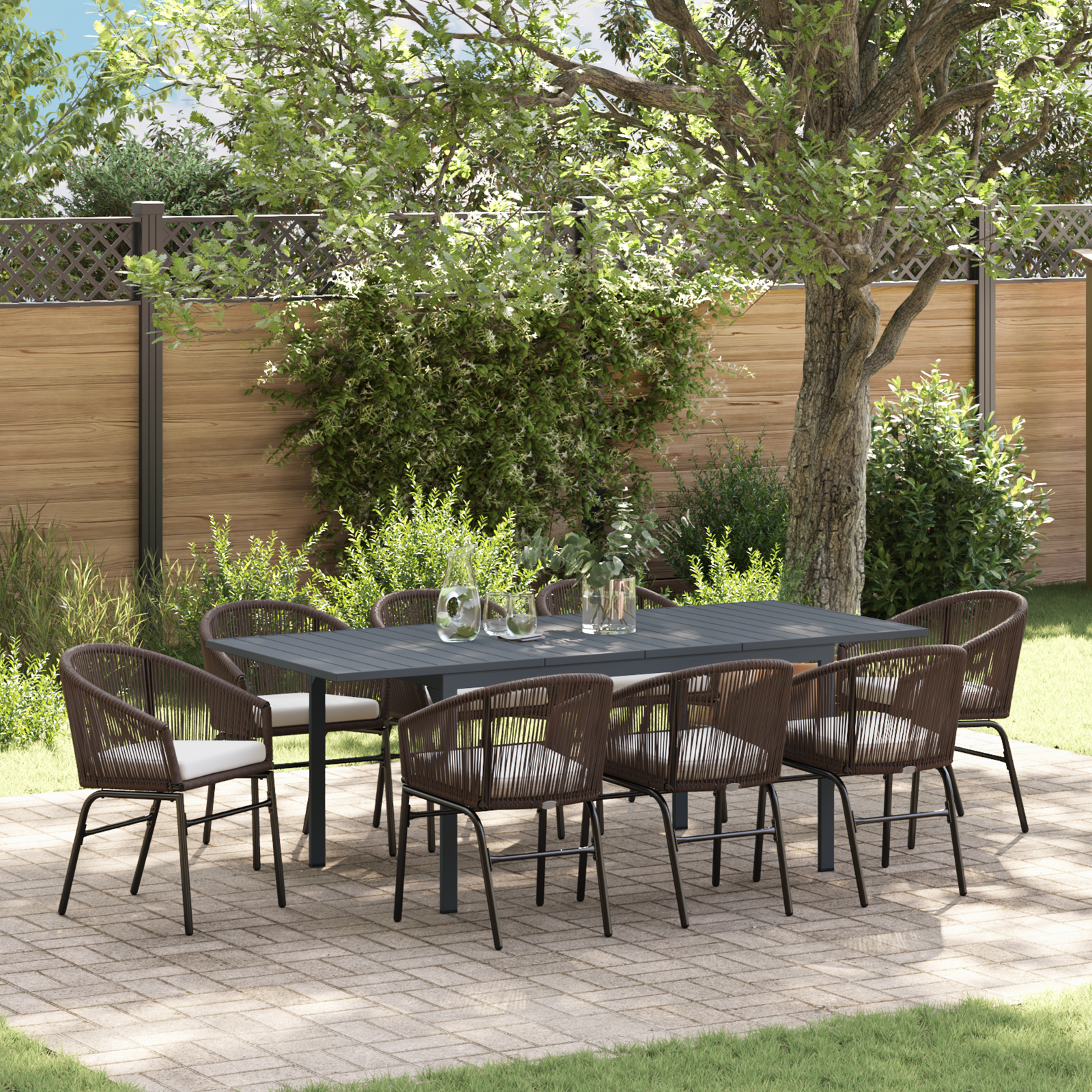 foto del prodotto set pranzo giardino da 10 pezzi con cuscini marrone polyrattan