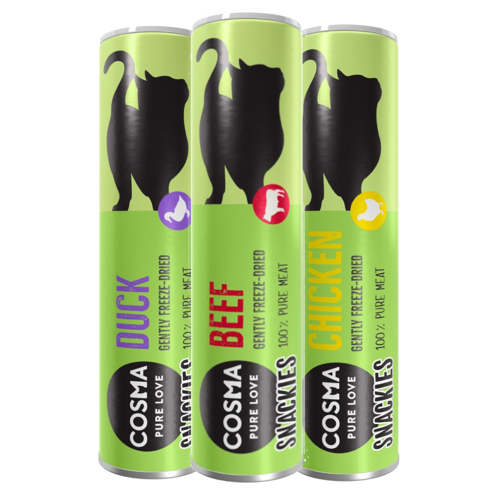 foto del prodotto set prova cosma snackies 70 g, 3 gusti assortiti pollo, anatra, manzo 