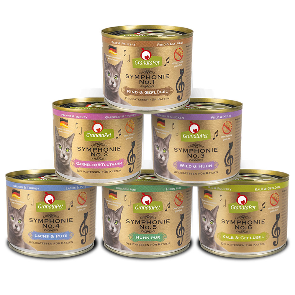foto del prodotto set prova granatapet symphonie 6 x 200 g umido per gatto mix pollo, selvaggina, vitello, manzo, salmone, gamberetti
