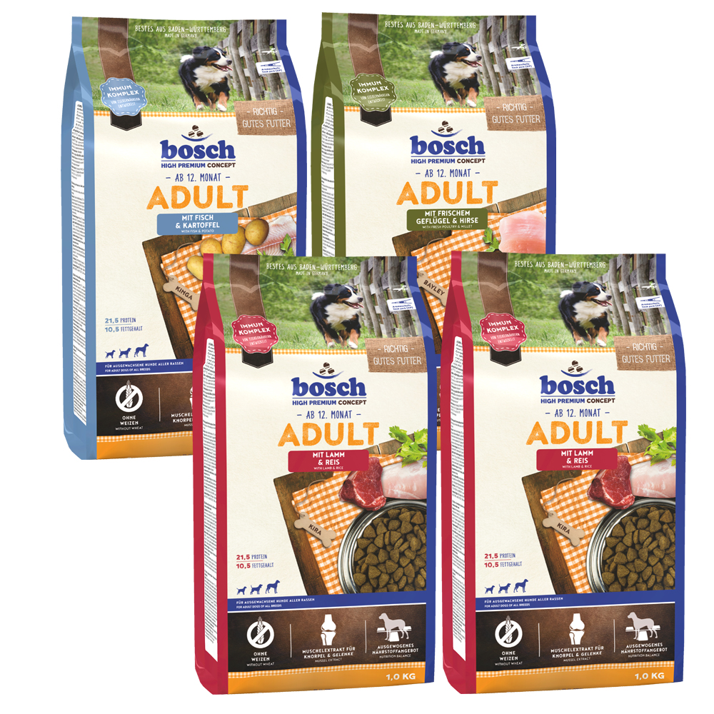 foto del prodotto set prova misto 4 x 1 kg bosch hpc adult crocchette per cane mix 1kg pollo, 2kg agnello, 1kg pesce